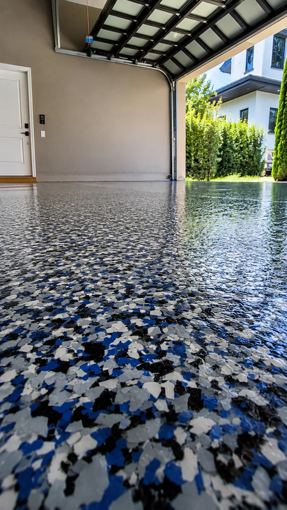 Flakes epoxy floor finish in a garage