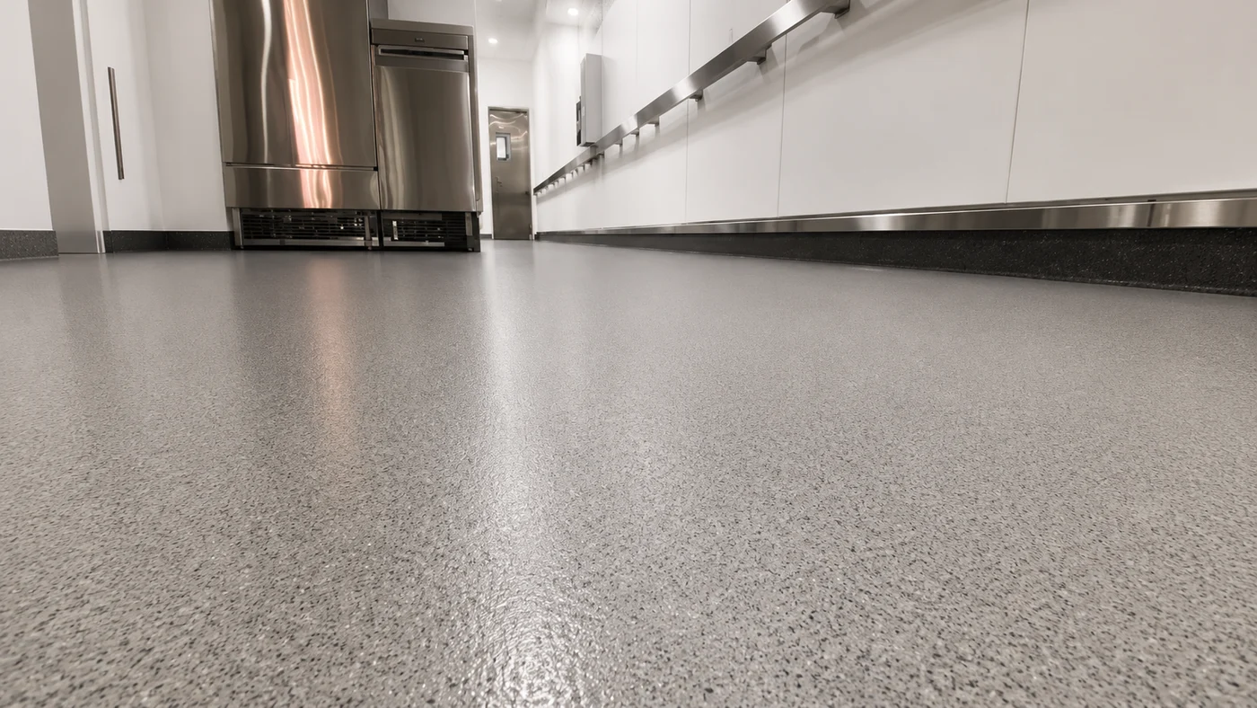Quartz epoxy floor finish in a kitchen-style space