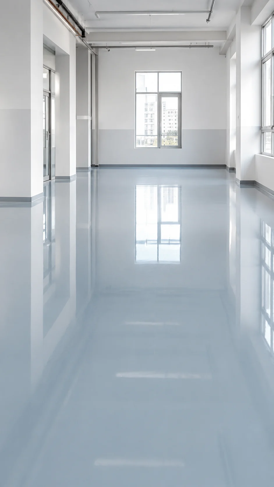 Solid color epoxy floor finish in a clean commercial-style room
