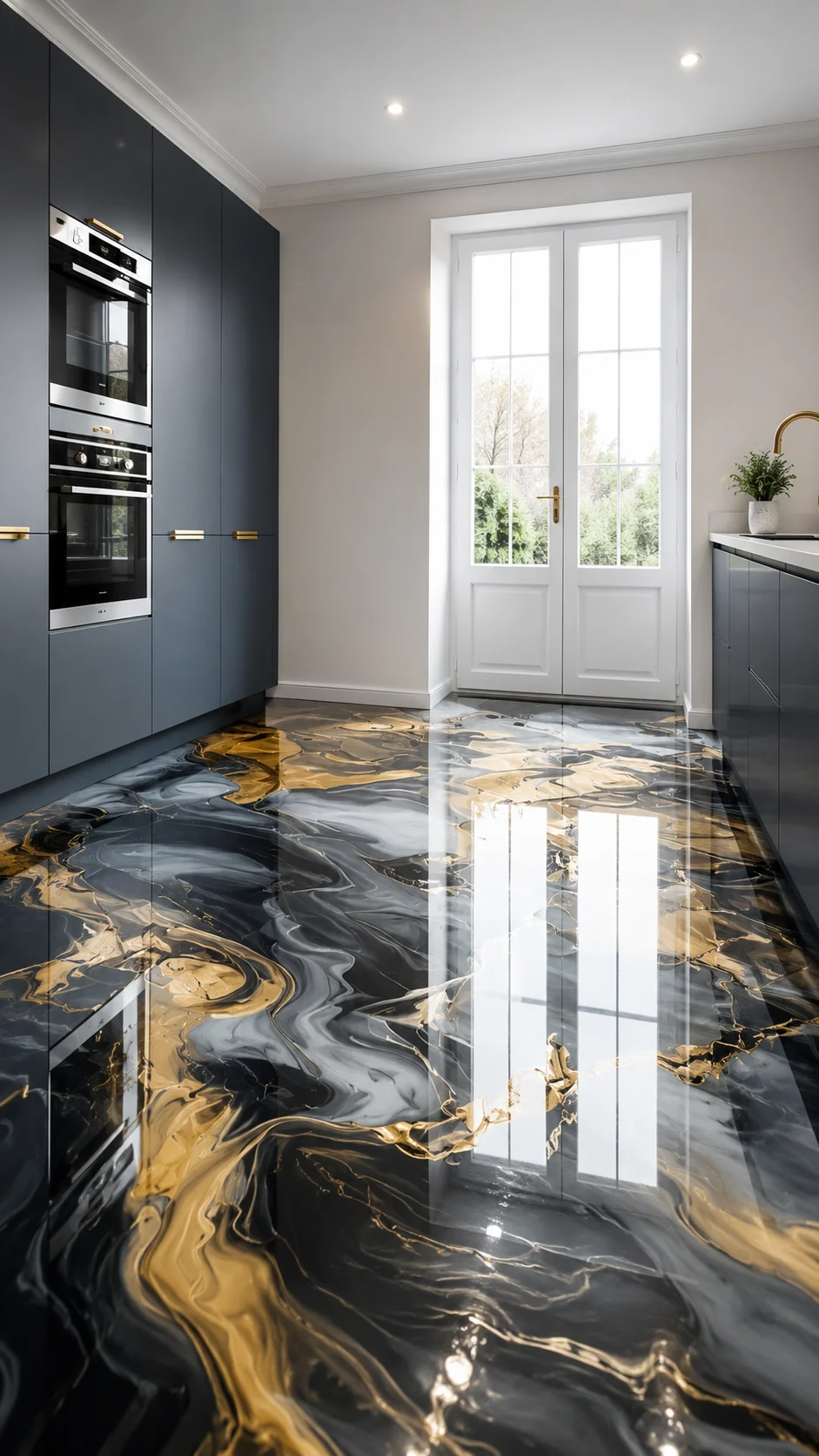 Metallic epoxy floor finish with black and gold movement
